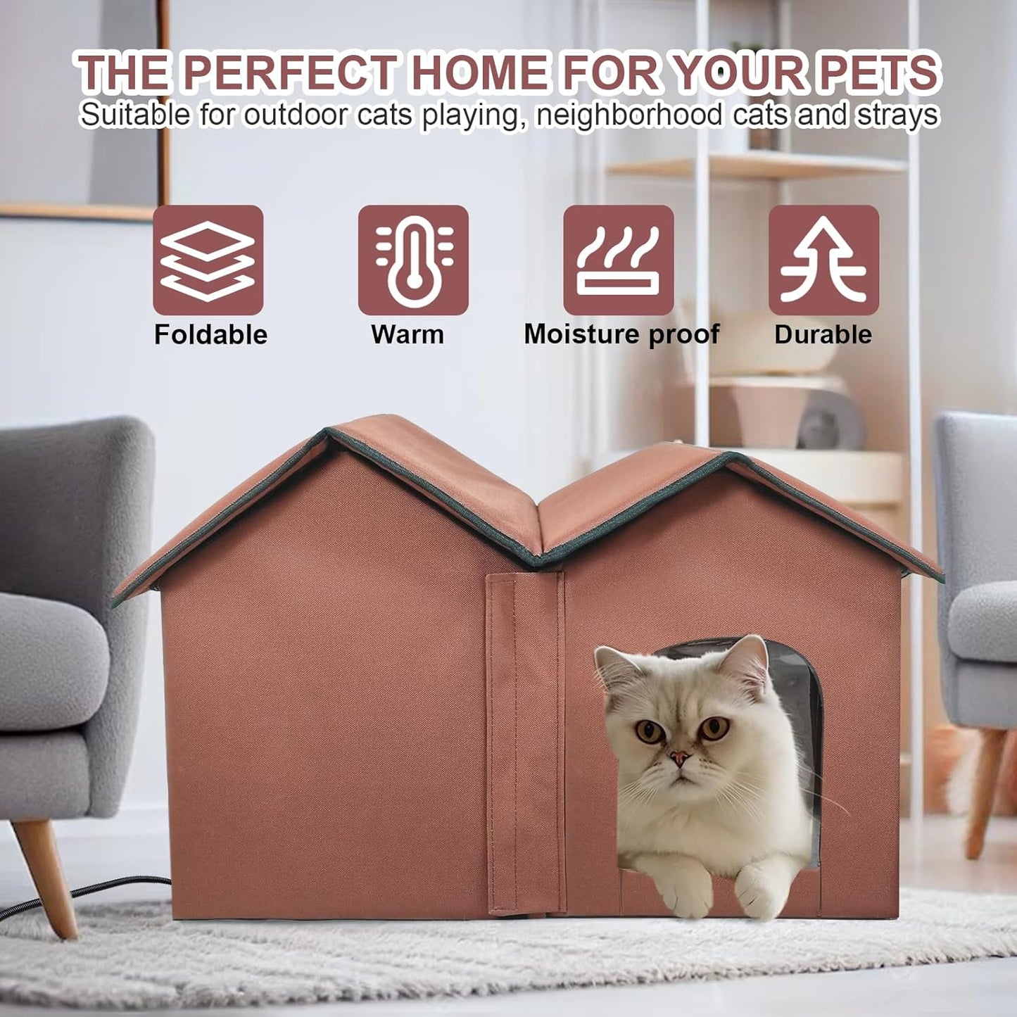 Large Heated Cat House with Intelligent Thermostat – Foldable Insulated Shelter for Indoor/Outdoor Cats, Double Rooms & 2 Doors, Removable Heating Pad, All-Season Use