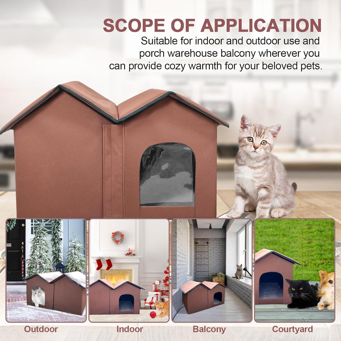 Large Heated Cat House with Intelligent Thermostat – Foldable Insulated Shelter for Indoor/Outdoor Cats, Double Rooms & 2 Doors, Removable Heating Pad, All-Season Use