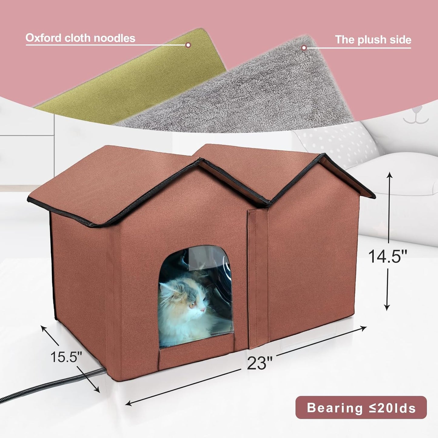 Large Heated Cat House with Intelligent Thermostat – Foldable Insulated Shelter for Indoor/Outdoor Cats, Double Rooms & 2 Doors, Removable Heating Pad, All-Season Use