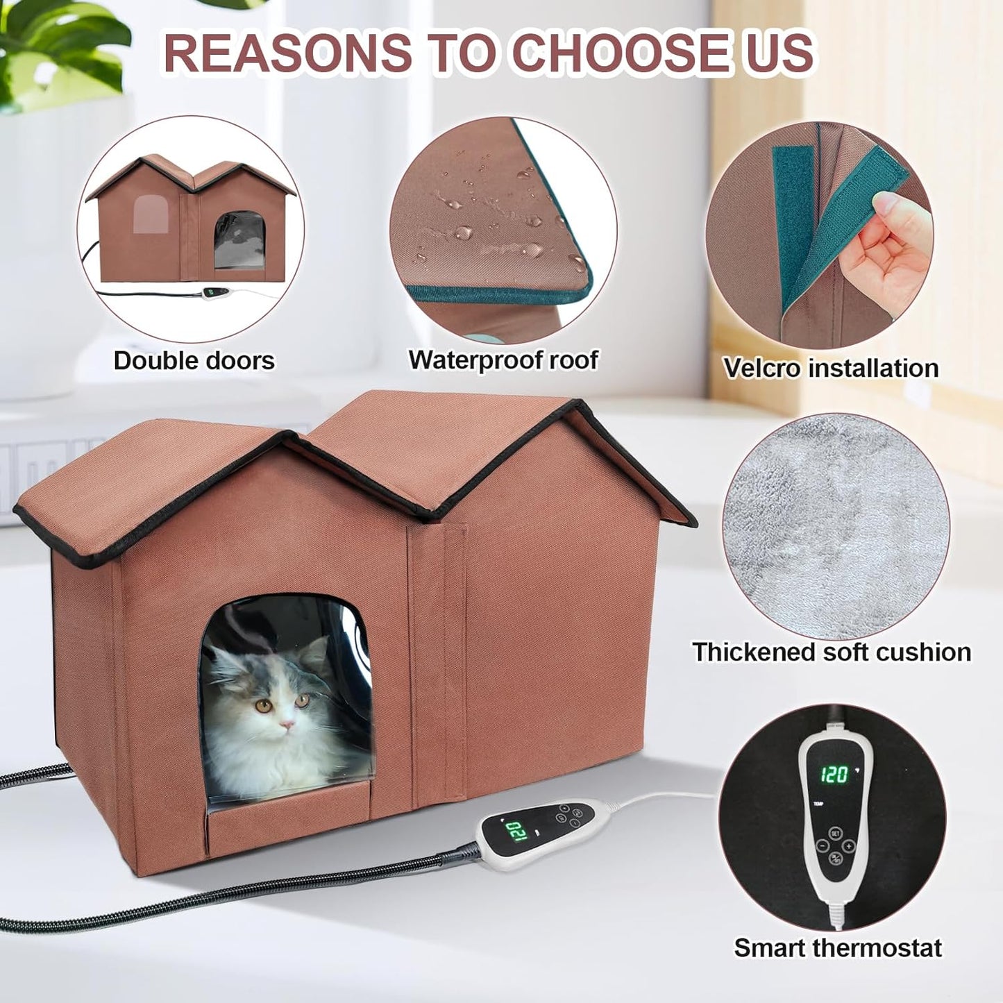 Large Heated Cat House with Intelligent Thermostat – Foldable Insulated Shelter for Indoor/Outdoor Cats, Double Rooms & 2 Doors, Removable Heating Pad, All-Season Use