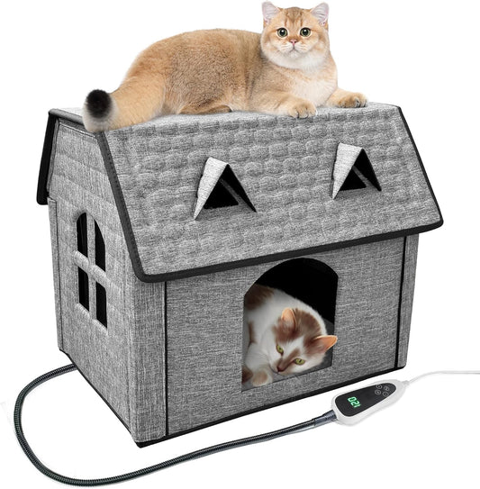 Indoor/Outdoor Heated Cat House with Pet Heating Pads – Intelligent Thermostat, Foldable Heated Bed for Puppies, Waterproof & Sturdy Design with Cute Windows